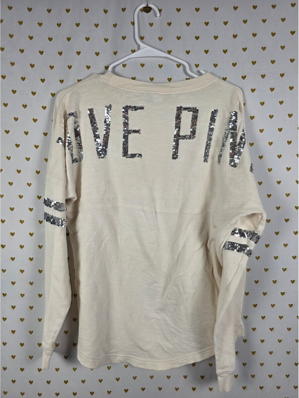 Victorias Secret PINK Cream Love Sequined Bling Sweater Shirt Small